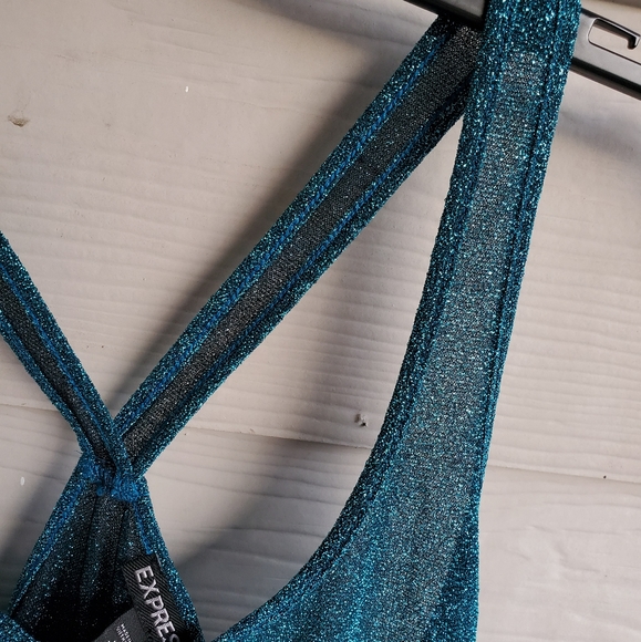 EXPRESS Glitzy Shimmery Metallic Turquoise Festive Semi-sheer Racerback Tank Top - Picture 12 of 16